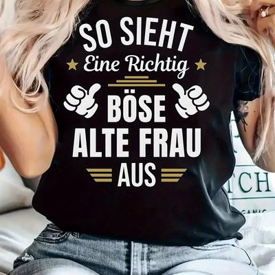 TEMU Alte Frau Women's Graphic Crew Neck T-shirt - Black Casual Short Sleeve Top With German Text & Geometric Print, Machine Washable Spring Summer Tee, Casual Attire, Relaxed Fit Shirt Image