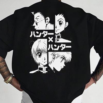 TEMU Men's Anime Graphic T-shirt - Black Loose Neck Tee With Japanese & English Print, Casual Summer Outdoor Men's Clothing Image