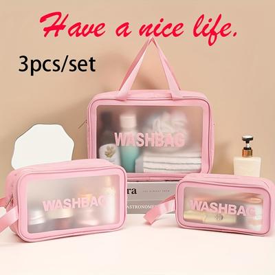 TEMU 3pcs Travel Makeup Bag Set, Lightweight And Portable Travel Case, Transparent Viewing Window, Design, Suitable For Toiletries, Skincare Products, Cosmetics, And Personalized Fashion Accessories. Image