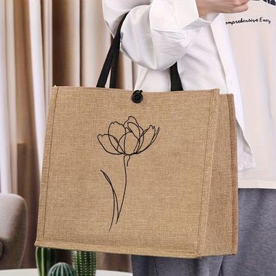 TEMU Stylish Linen Handbag With Floral Pattern - Large Capacity, Fashionable Women's Linen Bag | Suitable For Work, Shopping And Beach Image
