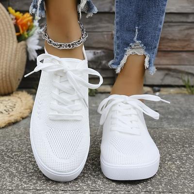 TEMU Breathable Mesh White Sneakers For Women - Casual Low-top Lace-up Shoes With Rubber Sole, , Plain Toe Design, Fabric Upper & Lining, Hand Washable Image
