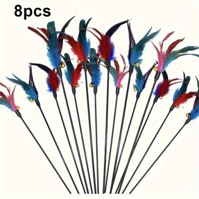TEMU 8pcs Interactive Cat Feather Wand Toys – Durable Feathers & Bells, Colorful Plastic/nylon Breeds & Sizes Of Indoor Cats, Cat Toy Image