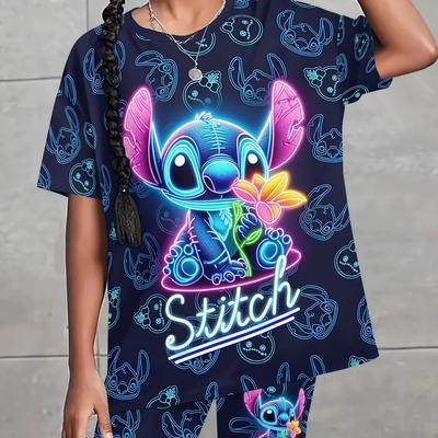 "TEMU Stitch Girls' Casual Summer Outfit - Print, Loose Fit T-shirt & Shorts Set With "stitch" Design, Outdoor Fun, Disneyclothing" Image