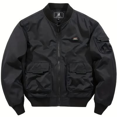 TEMU Men's Casual Jacket With Multiple Pockets - Stylish Black Baseball Collar Zip-up Outerwear For Everyday Use Image