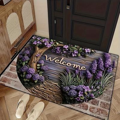 TEMU 1pc Spring Lavender Welcome Mat, Doorstep Mat With Non-slip Bottom, Suitable For Entrance Doors, Bedrooms, Kitchens, Bathroom Doors And Multi-area Decorative Floor Mats Image