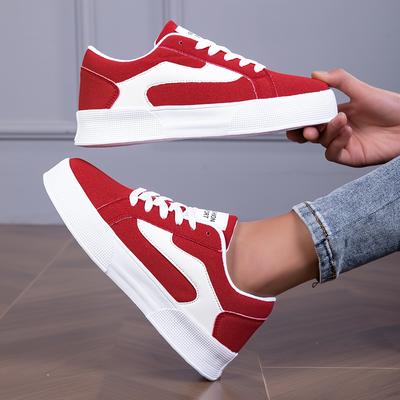 TEMU Women's Fashionable Low-top Sneakers - Red And White Casual Sports Shoes With Lace-up Closure, Sneakers, Casual Footwear | Trendy Sneaker | Comfortable Footwear Image