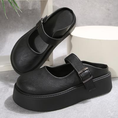 TEMU Women's Slip-on Platform With Adjustable Strap - Black Cover Upper & Rubber Sole, Comfortable Casual Shoes For Casual Attire, Casual Footwear | Adjustable Strap | Durable Footwear Construction Image