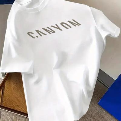 "TEMU Men's Breathable T-shirt With "canyon" Print - Casual Crew Neck, Short Sleeve, Lightweight & Machine Washable For Summer, Blue With Yellow Lettering, Everyday Tee | Versatile Shirt |" Image