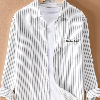 TEMU Men's Casual Striped Long Sleeve Shirt With Pockets - White And Black Vertical Stripes, Loose Fit, Wear, Casual Attire|striped Shirt|pocketed Shirt Image