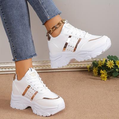 TEMU Women's Casual Athletic Sneakers - White Low-top Lace-up Shoes With Brown & , Rubber Sole, Fabric Lining, For Casual Attire, Ladies Sneakers Image