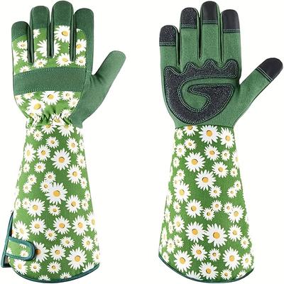 TEMU Pair Of Daisy Patterned Outdoor Long Gloves, Lightweight Polyester With Wrist Strap, Ideal For Yard Pruning & Outdoor Camping, Suitable For Men And Women Image