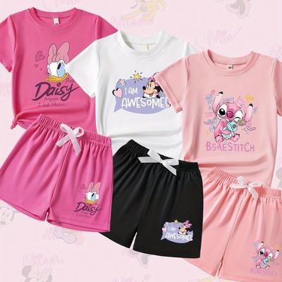 TEMU Girls 6pcs Spring And Summer Version T-shirt, Shorts With Bow Decoration, Chest Pants And Legs With Wonder House, Wonder House, Duck, Design Embossed, Soft And , Suitable For Summer , For Outdoor Image