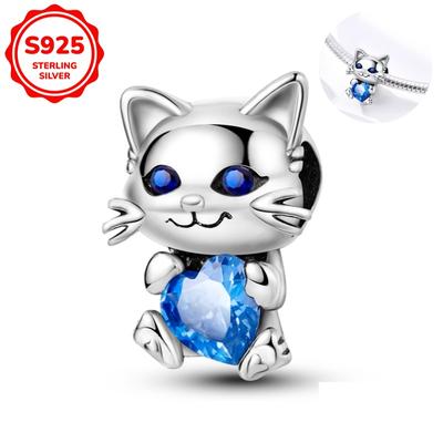TEMU 1pc Of 925 Sterling Silver Blue Cat Heart Hugging Women's Fashion Pendant Bead, Suitable For Bracelets, Necklaces, Diy Exquisite Gifts, Suitable For S' Engasynthetic Gemstoneent Birthday Gifts Image