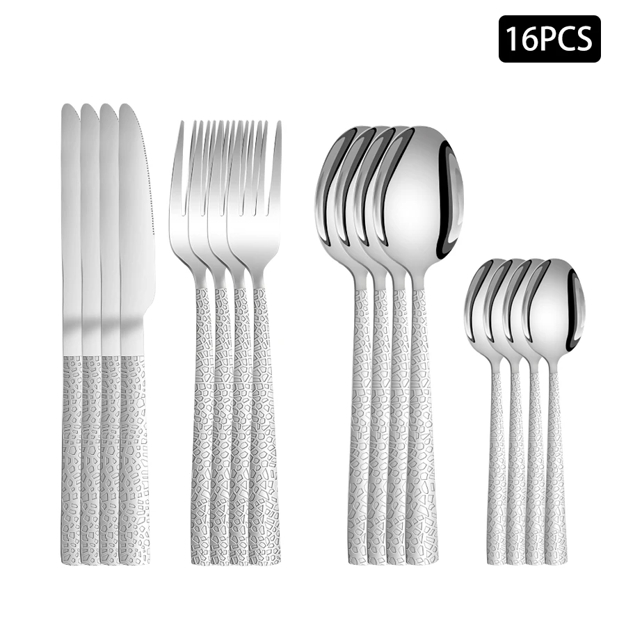 4/6/16/24-teiliges Besteckset aus Edelstahl in Silber mit quadratischem Griff, Schlangenlederbesteck, Kombination aus Haushaltsmesser, Gabel und Löffel Image