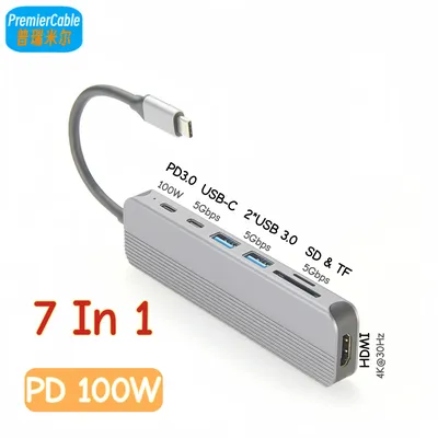 USB Typ-C 7-in-1 Dockingstation Hub 4K@30Hz HDMI 2*USB 3.0 PD 100W 5Gbps USB-C SD/TF Kartenleser für Image