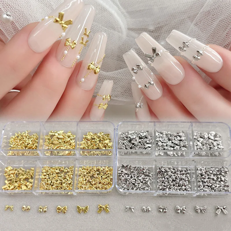 1 Schachtel mit 6 Kartons, ca. 150 Stück Mini-Bogen-Nagelzubehör – Legierungsmaterial, Nagelschmuck in verschiedenen Größen, Metallstil Image