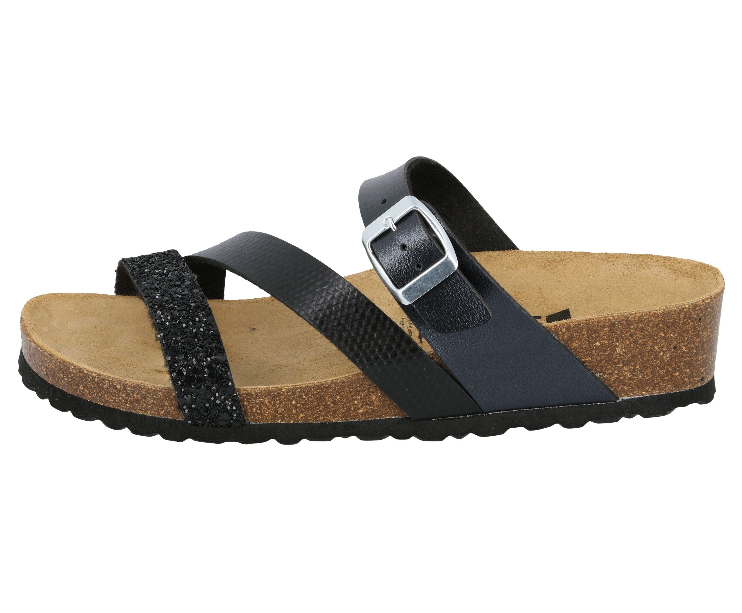 Pantolette LICO "Pantolette Natural Glitter", Damen, Gr. 36, schwarz, Synthetik, Schuhe Pantolette