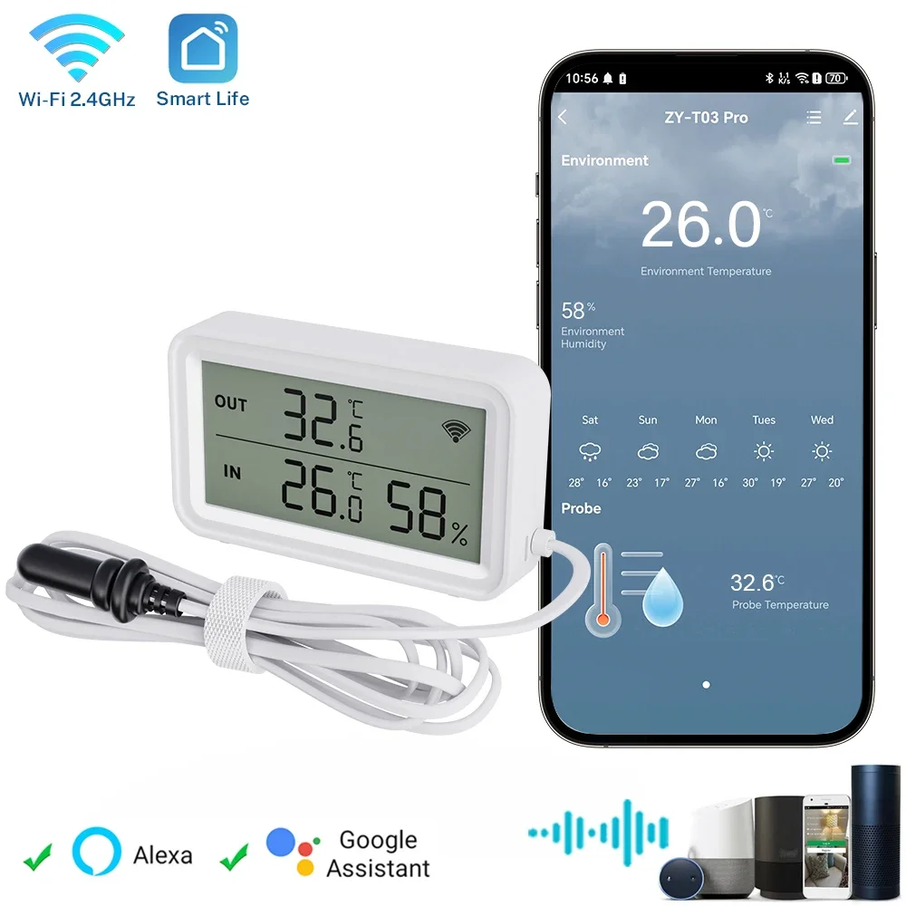 Tuya WiFi Temperatur-Feuchtigkeitssensor mit externer Sonde Smart Life LCD-Bildschirm Thermometer unterstützt Google Home Assistant Image