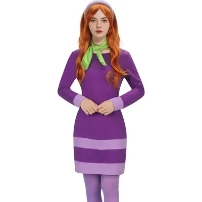 Klassisches Daphne Blake Damen kostüm mit Perücke 70er Jahre Retro Kostüm lila TV Cartoon Serie Image