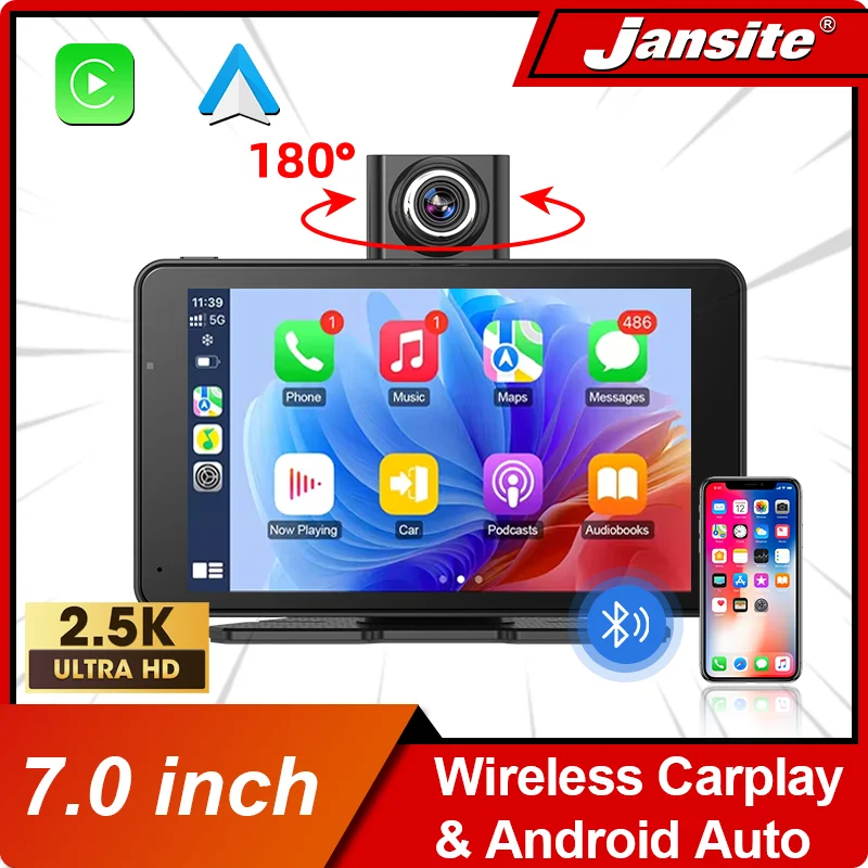 7 Zoll 350 ° Rotation Objektiv Dash Cam Carplay & Android Auto Auto DVR Stick Video Recorder Stream Dashcam Rückfahrkamera BT FM AUX Image