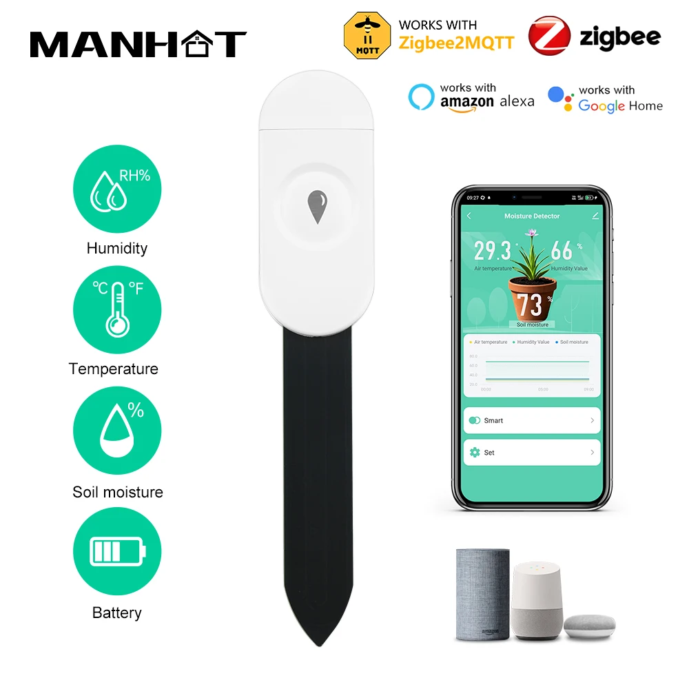 Zigbee2MQTT 3,0 Smart Boden Tester Feuchtigkeit Temperatur Feuchtigkeit Sensor Mit Handy APP Echtzeit Monitor Für Haus Garten Image