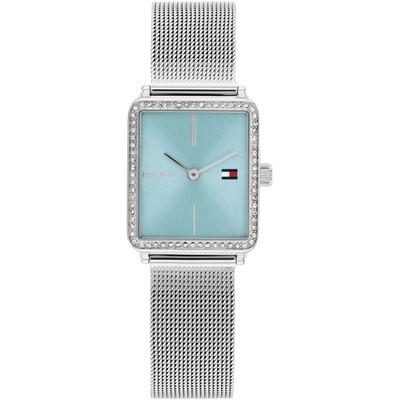 Quarzuhr TOMMY HILFIGER "TEA TANK", edelstahlfarben, hellblau, Armbanduhren, Damen, Armbanduhr, Damenuhr, Edelstahlarmband, analog, Glassteine Image