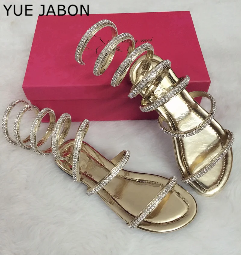 Große größe 34-46 Gold Sommer frauen flache sandalen Kristall Sexy Frauen Gladiator Sandale frauen Stiefel Schlange Flache Frauen Schuhe römische schuhe