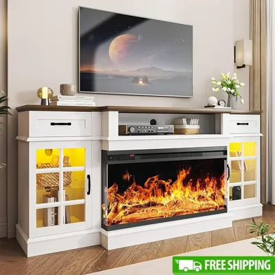 70 Inch Fireplace TV Stand Electric Fireplace 3 Sided Glass Adjustable Flame LED Lights Storage