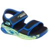 Sandale SKECHERS "SOLA GLOW SANDAL", Kinder, Gr. 29, schwarz (schwarz, blau), Lederimitat, kontrastfarbene Details, casual, Schuhe, Sandale mit Klettverschluss+Blinkfunk., Größenschablone zum Download