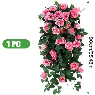 TEMU Gorgeous Pink Artificial Rose Vine - Lifelike Hanging Flowers With 18 Rose Heads And Green Leaves, Home And Wedding Decorations, Multi-season Wall Decoration, No Pot Needed Image