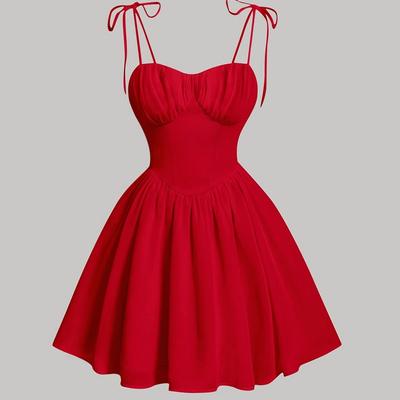 TEMU Elegant -shoulder A-line Dress For Women - Sleeveless, Cinched Waist, Polyester, Spring/summer/fall, Machine Washable Image