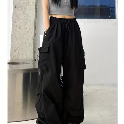 TEMU Women's Retro Jogger Cargo Pants - Black, Loose Fit With Drawstring Waist & Ankle, Multi-, Polyester, Casual & Trendy For Spring/fall Image