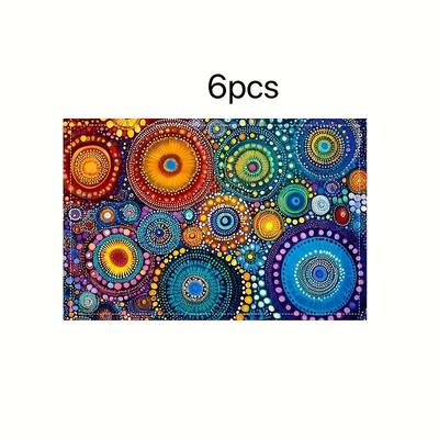TEMU 4/6 Pack Bohemian Vintage Style Linen Placemats, Abstract Art Print, Hand Wash Only, Rectangular Woven Table Mats For Dining, Kitchen, Coffee Table, Party, Home Decor Image