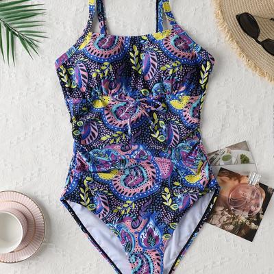 TEMU Women's Fashion Casual Athletic One-piece Swimsuit, Sporty Style, Beachwear With Vibrant Paisley Print, Adjustable Straps Image