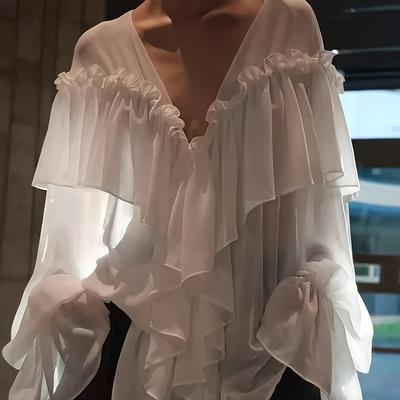 TEMU V-neck Chiffon Blouse With Ruffle Sleeves - Sheer Long Sleeve Beach Cover-up, Sexy & Lightweight, White, Loose Fit For Women, Beach , Casual Wear | Semitransparent Blouse | Sheer Design Image