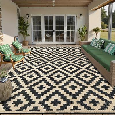 TEMU Outdoor Herringbone Pattern Rug, 100% Pp Double-sided Plastic Mat, Modern Large Floor Mat For Patio, Deck, Backyard, Camping, Beach - Black & Beige, Hand Wash Only, Deck Rugs And Mattress Pads Image