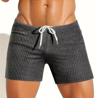 TEMU Men's Casual Summer Drawstring Shorts - Solid Color, Textured Fabric, Ribbed Design, Comfortable Athletic Wear For Casual Attire, Casual Summer Wear | Drawstring Shorts | Ribbed Design Short Image