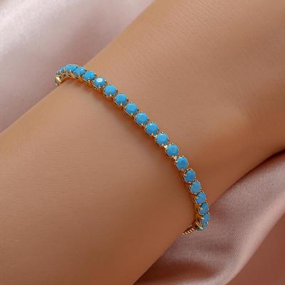 TEMU Luxury 18k Golden Plated Copper Bracelet With Turquoise Mosaic Stones - Daily Occasion, , All Image