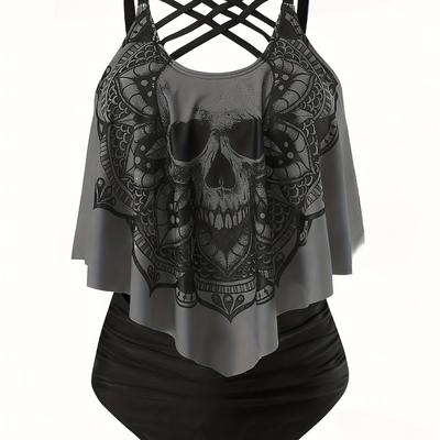 TEMU Women's Plus Size Tankini Set With Halloween Skull Design - With Intricate Print, Black Bottoms, Removable Padding, -strap Fashion, Plus Size Swimwear|halloween Themed|high Stretch Image