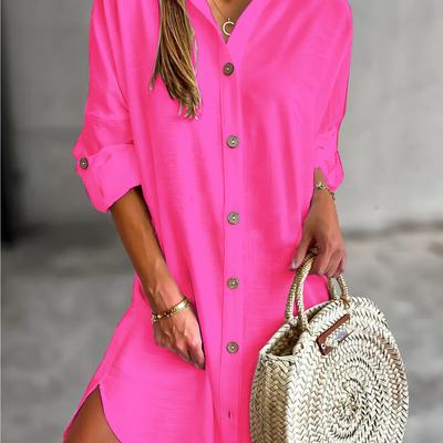 TEMU Women's Casual Long Sleeve Button-front Shirt Dress - Solid Color Lapel Collar Loose Fit Machine Washable Versatile Wear, , Decorative Buttons, Texture Image