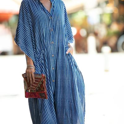 TEMU Everyday Women's Bohemian Striped Beach Kaftan Dress - Lightweight Polyester, V-neck With Button Detail, -up For And Fashionable Vacation Wear Image