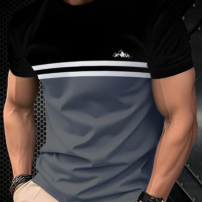 TEMU Men's Casual Crew Neck T-shirt With Antenna Logo - Striped Short Sleeve Tee, Lightweight Polyester Fabric, Regular Fit For Casual Attir Image