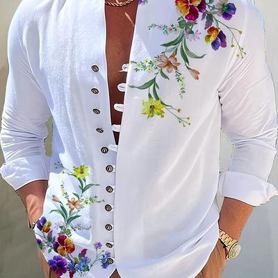 TEMU Men's Fashion Printed Suit, Casual Bouquet Print Pattern, Casual Party, Evening Daily Festival, Home, Collar Shirt Set Image