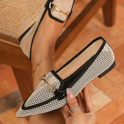 TEMU 1 Pair Women's Slip-on Ballet Flats With Pointed Toe, Low Heel, And Mesh Upper - Summer Black & White Knit Fabric Shoes For Casual Or Formal Occasions, Ballet Shoes Image