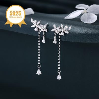 TEMU Elegant 925 Sterling Silver Flower Dangle Earrings - Low Allergy, Anti-tarnish, Valentine's Day & Day Gifts, 2.9g, Gift Box Included, Festive Earrings|dangling Earrings| Image