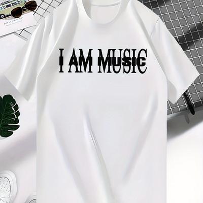 "TEMU Men's Casual Crew Neck T-shirt, "i Am Music" Print, Polyester Knit Fabric With Stretch, Short Sleeve, Summer Fashion Top, Regular Fit - 95% Polyester, 5% Elastane" Image