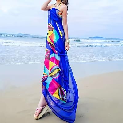 TEMU Large Beach Cover-up Scarf For Women - Vibrant Striped Chiffon Shawl, Breathable & Sun-protective Summer Beach Wrap, Lightweight & Stylish For Seaside Image