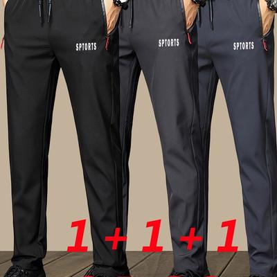 TEMU 3pcs Men's Athletic Joggers With Zipper Pockets & Sporty Print - Breathable Polyester Mid-rise Regular Fit Pants For Summer Hiking, Gym, Running - Machine Washable Outdoor & Casual Wear - 's Gift Image