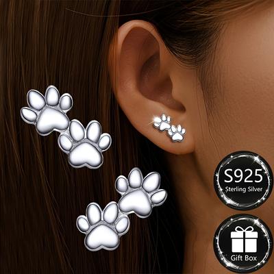 TEMU Pair Of S925 Sterling Silver Double Paw Print Earrings, Elegant & Cute Design, Hypoallergenic 1.18g, Or Gift-, Ideal Christmas Presen Image