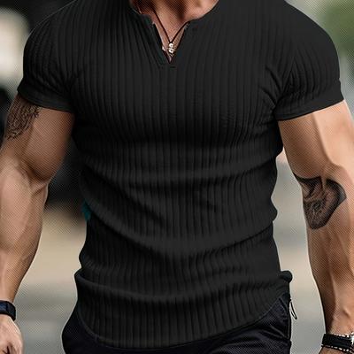 TEMU Men' Color V-neck Knit T-shirt - Casual , Machine Washable & Dry , Regular Fit For Casual Attire, Versatile Clothing, Durable Casualwear Image